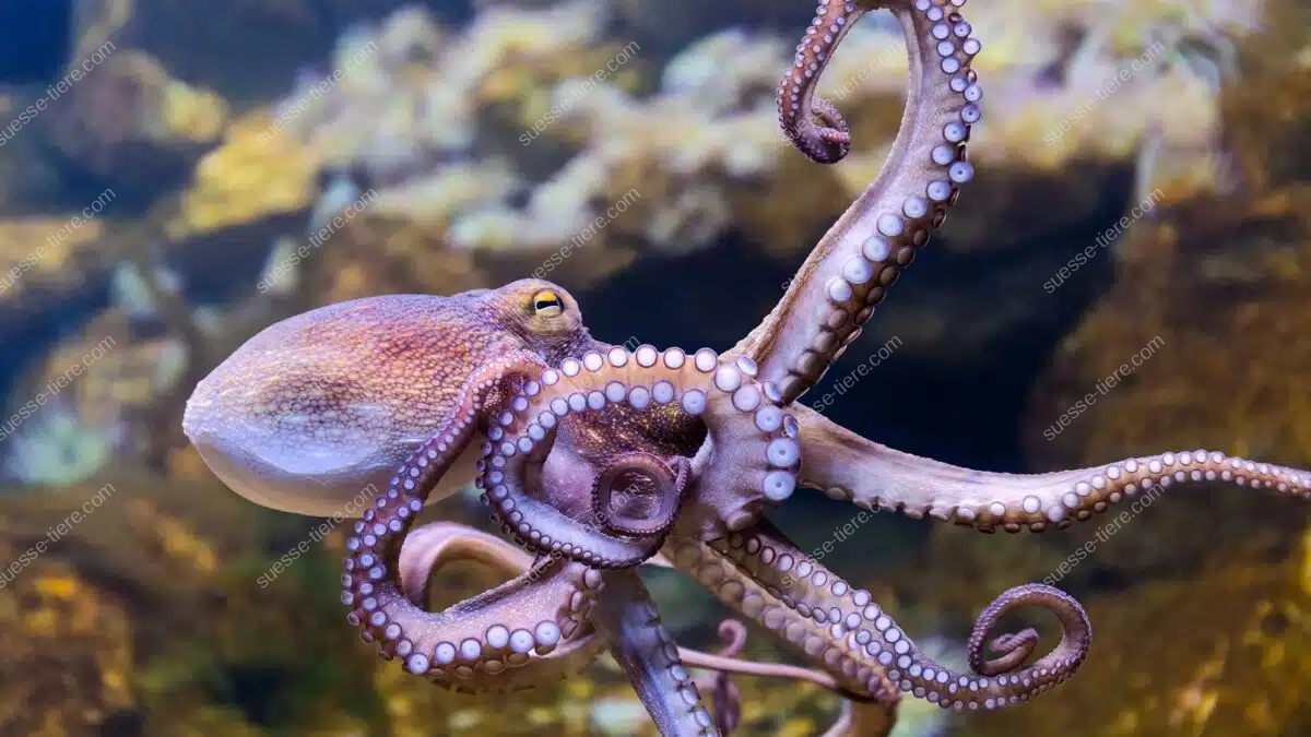 Ein Tintenfisch schwimmt mit geöffneten Armen durch ein buntes Korallenriff.