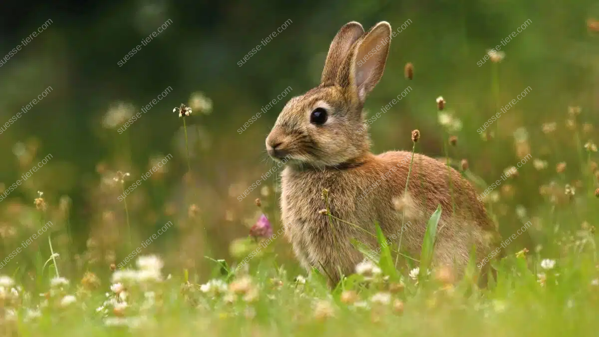 Ein Wildkaninchen sitzt inmitten von Blumen und Gräsern auf einer Sommerwiese.
