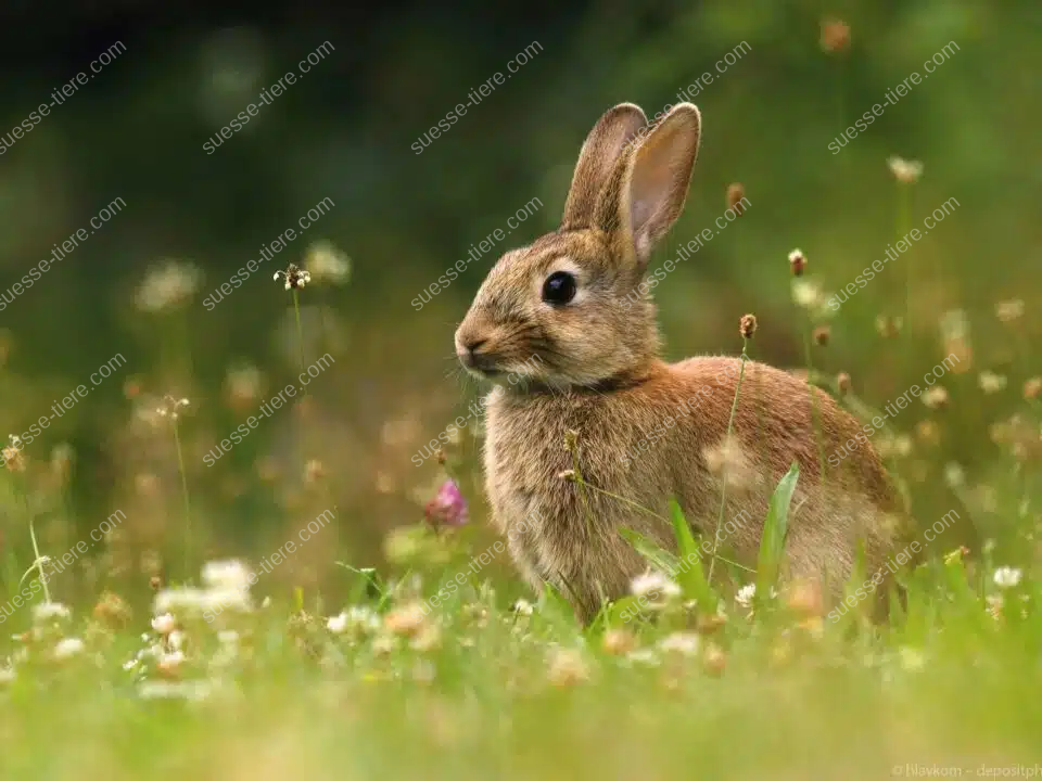 Ein Wildkaninchen sitzt inmitten von Blumen und Gräsern auf einer Sommerwiese.