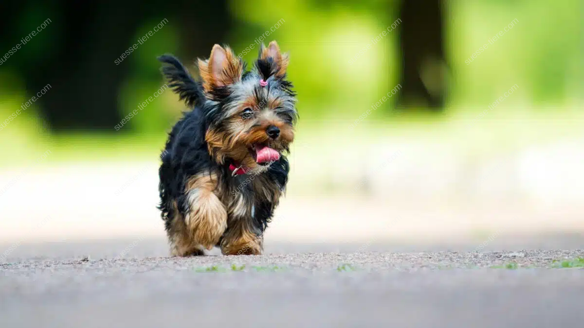 Ein Yorkshire Terrier mit dunklem Fell läuft mit gespitzten Ohren über eine sonnige Wiese.