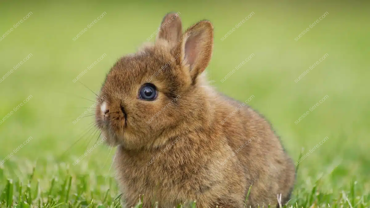 Ein Zwergkaninchen mit braunem Fell sitzt aufmerksam im Gras.