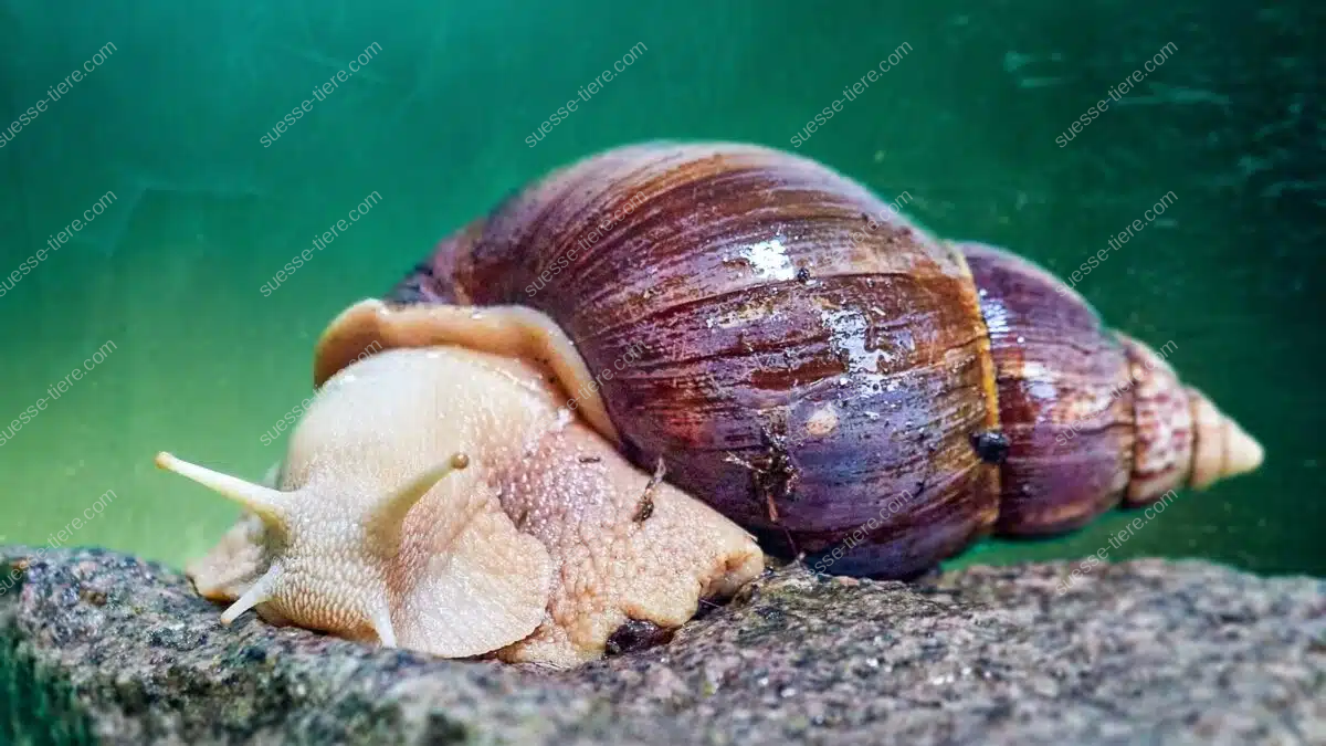Eine große Achatschnecke kriecht langsam über ein Blatt in einem feuchten Terrarium.