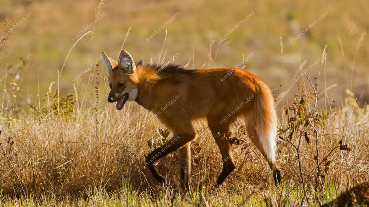 Ein Mähnenwolf steht in der Savanne und blickt aufmerksam in die Ferne.