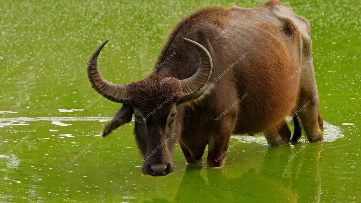 Ein Wasserbüffel mit gebogenen Hörnern steht im flachen grünen Wasser und blickt ruhig in die Kamera.