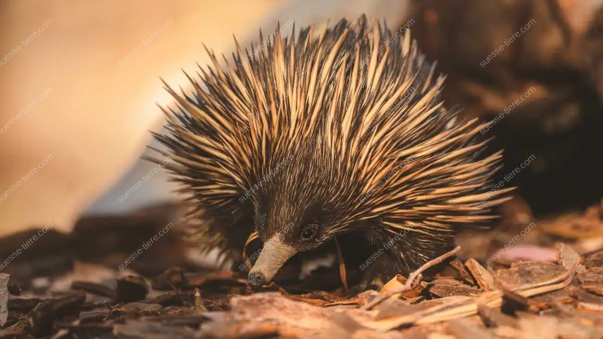 Ameisenigel mit Stacheln sucht am Waldboden nach Insekten.