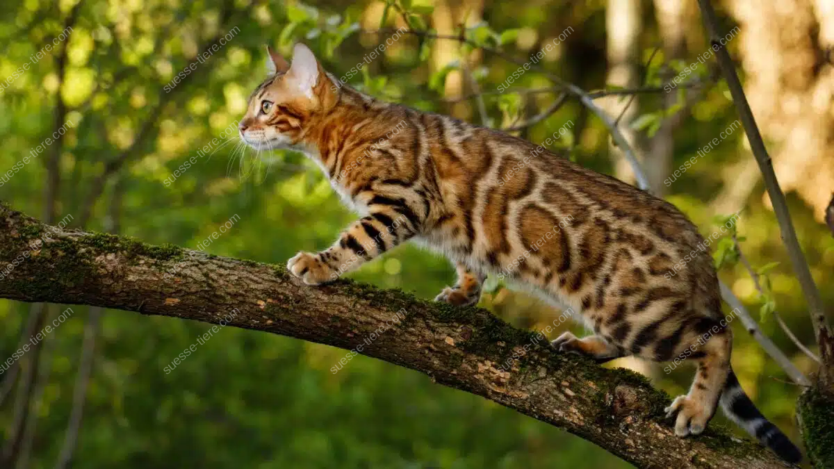 Eine Bengalkatze mit getupftem Fell balanciert aufmerksam auf einem Baumast im Garten.