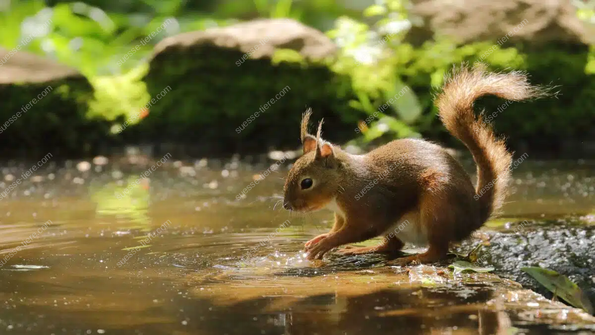 Ein japanisches Eichhörnchen sitzt mit buschigem Schwanz auf einem Ast und blickt aufmerksam in die Ferne.