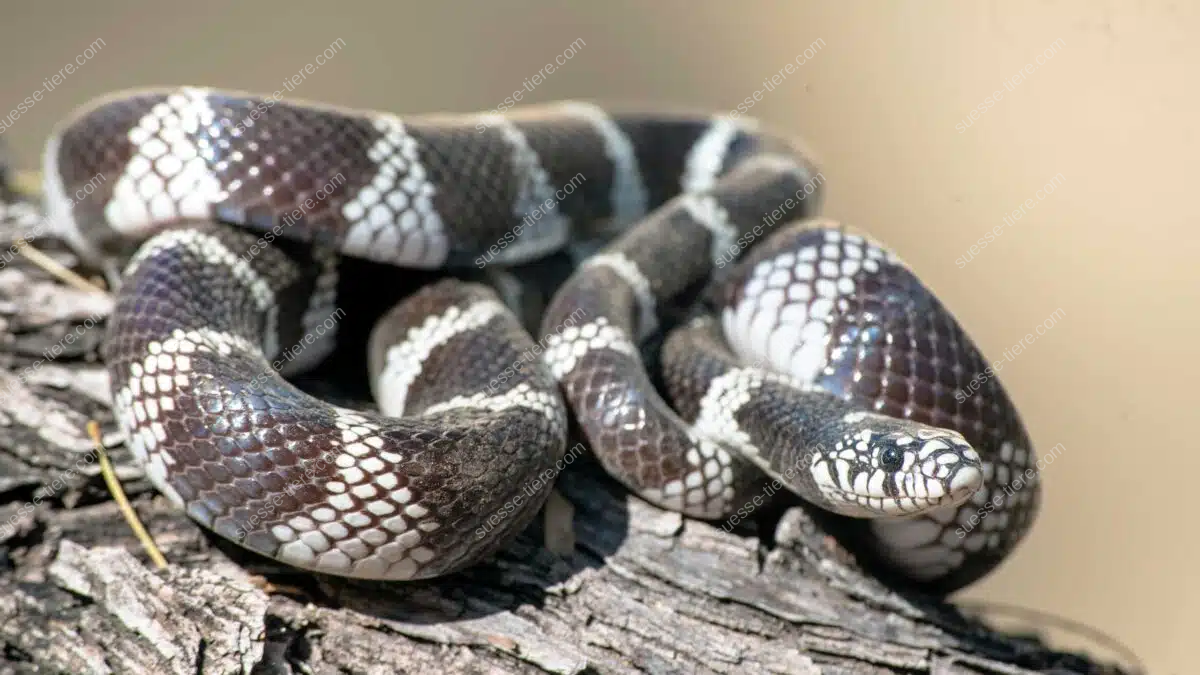 Die Kalifornische Kettennatter liegt mit braun-cremefarbenem Schuppenmuster auf einem warmen Fels und beobachtet aufmerksam ihre Umgebung.