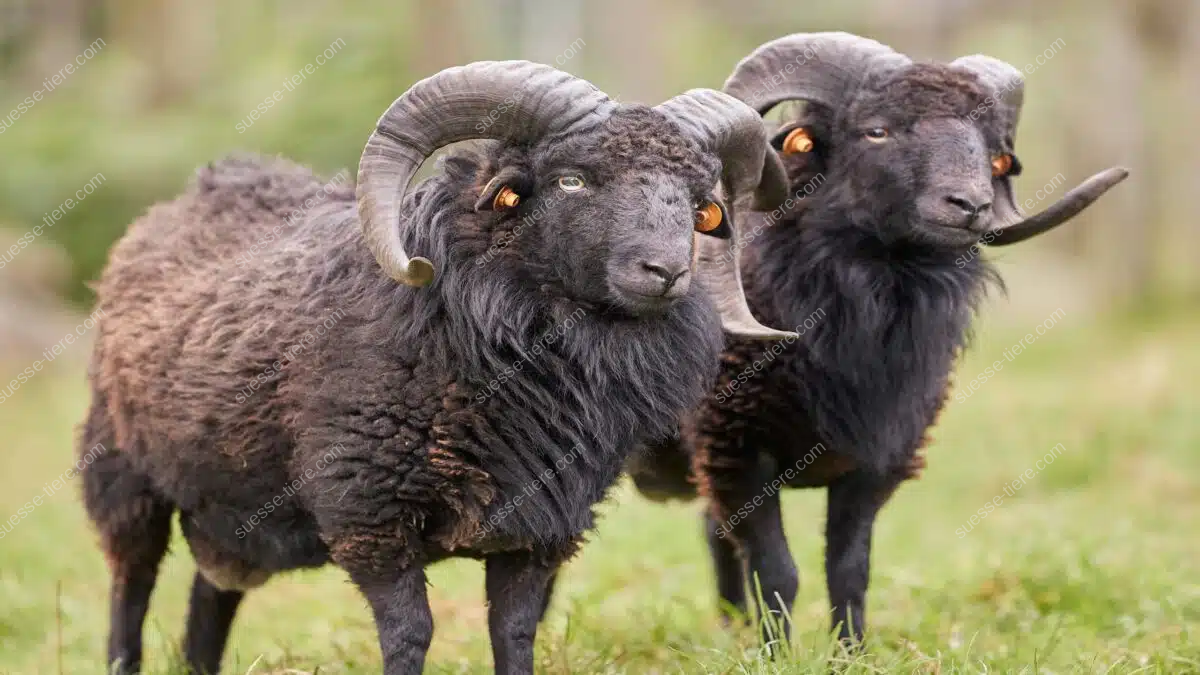 Zwei schwarze Ouessantschafe mit gebogenen Hörnern stehen auf einer Weide und schauen aufmerksam in die Umgebung.
