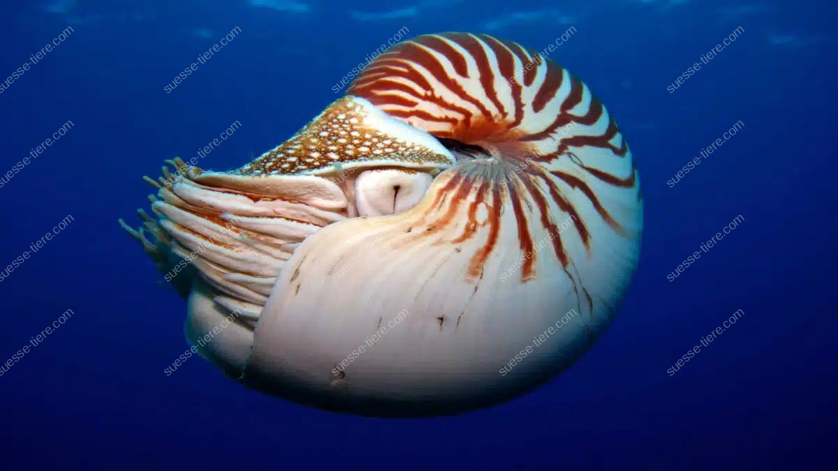 Ein einzelnes Perlboot mit Spiral-Schale und langen Tentakeln schwebt durch das tiefblaue Meer.