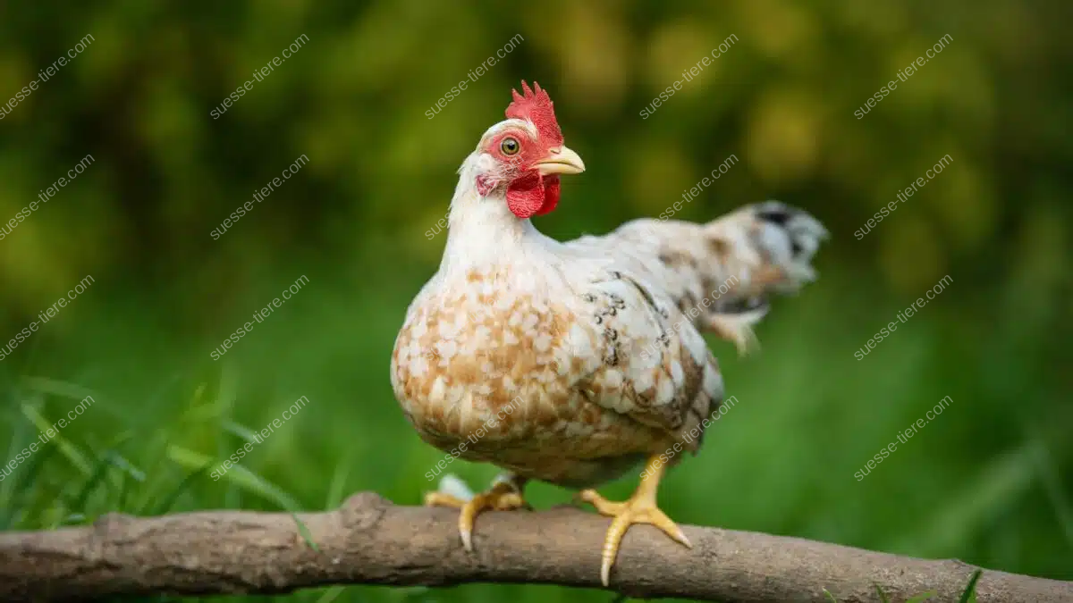 Ein Serama-Huhn sitzt auf einer Stange und zeigt stolz sein gepflegtes Gefieder.
