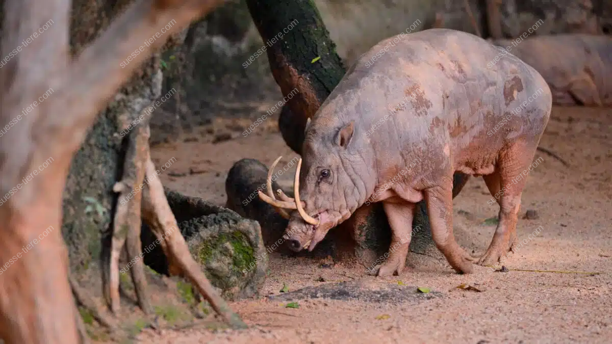 Ein Sulawesi-Hirscheber läuft durch dichten Regenwald und zeigt seine markanten Hauer.