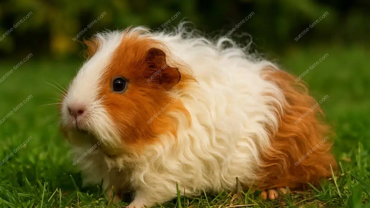 Texel-Meerschweinchen mit langem, lockigem Fell sitzt auf der Wiese.