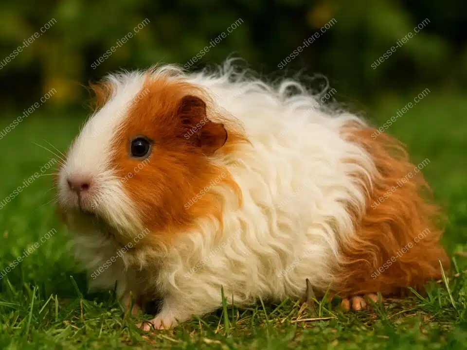 Texel-Meerschweinchen mit langem, lockigem Fell sitzt auf der Wiese.