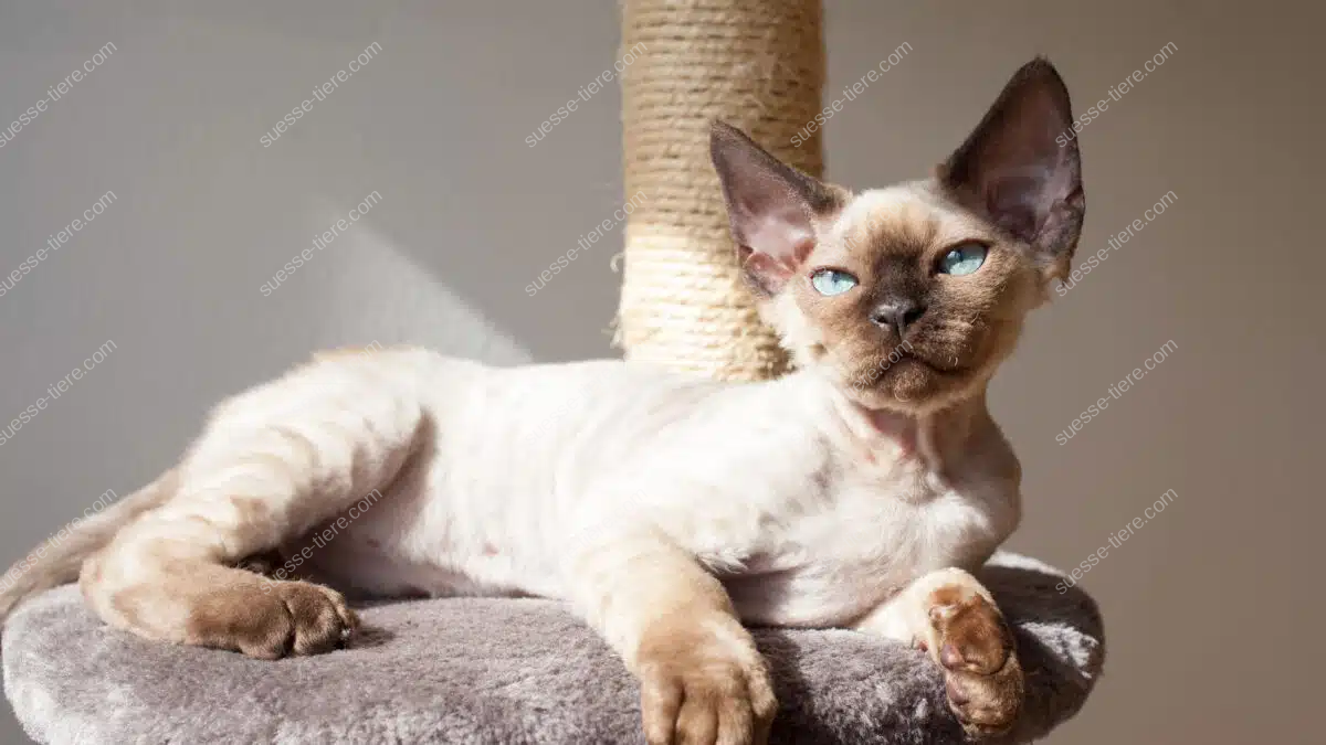 Eine Devon Rex liegt entspannt auf einem mit Plüsch bezogenen Kratzbaum und blickt aufmerksam in die Kamera.