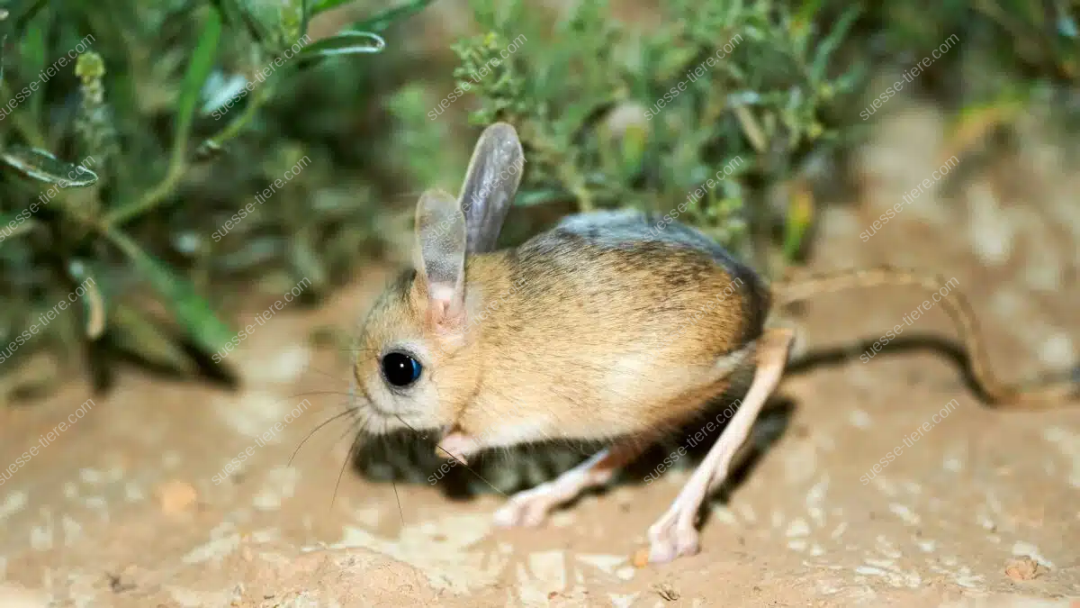 Eine Kleine Wüstenspringmaus mit sandfarbenem Fell sitzt auf einer Düne in der Wüste.