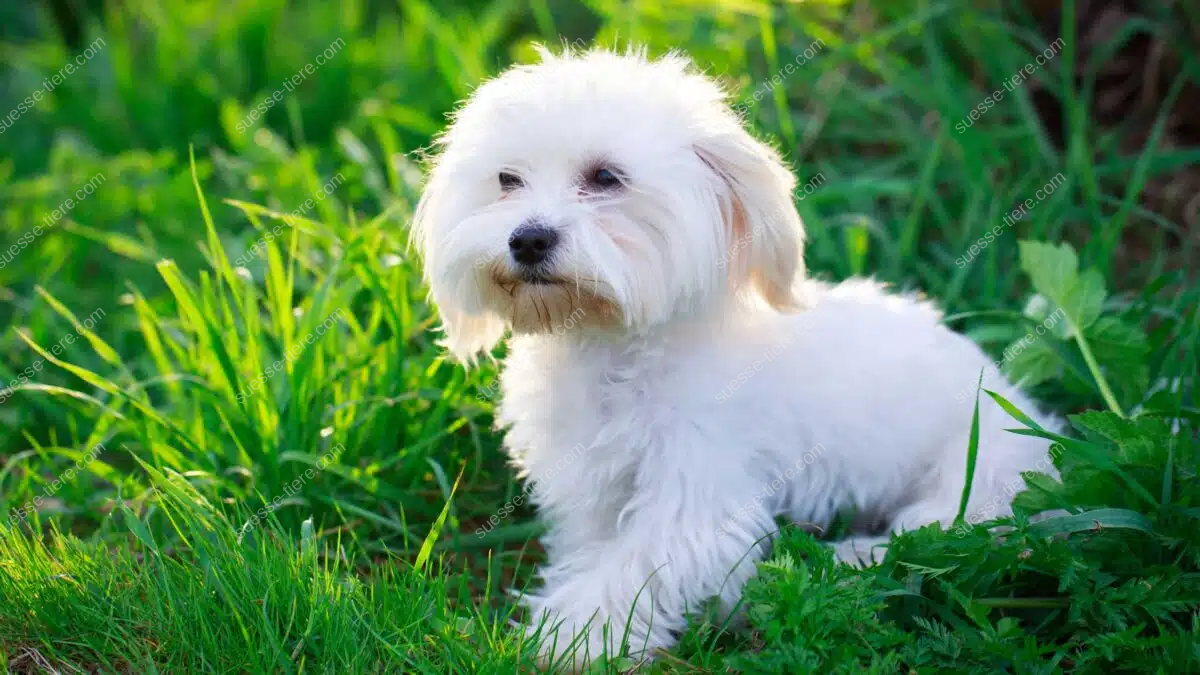 Ein Malteser Hund mit langem, weißem Fell sitzt aufmerksam im Garten und blickt neugierig nach vorne.
