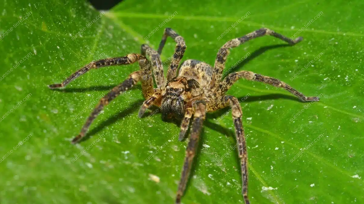 Eine Nosferatu-Spinne sitzt mit gespreizten Beinen auf einem großen grünen Blatt und ist deutlich zu erkennen.