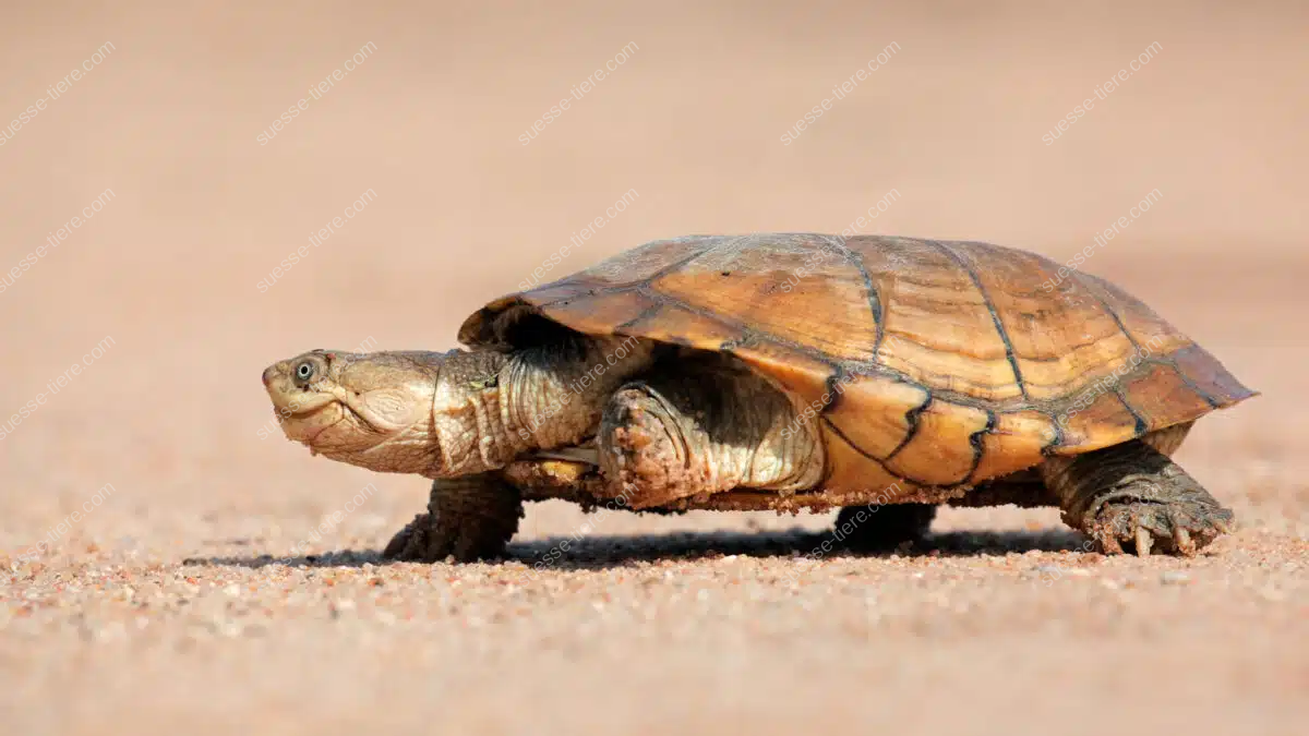 Eine Pelomedusenschildkröte bewegt sich langsam über trockenen, sandigen Boden.