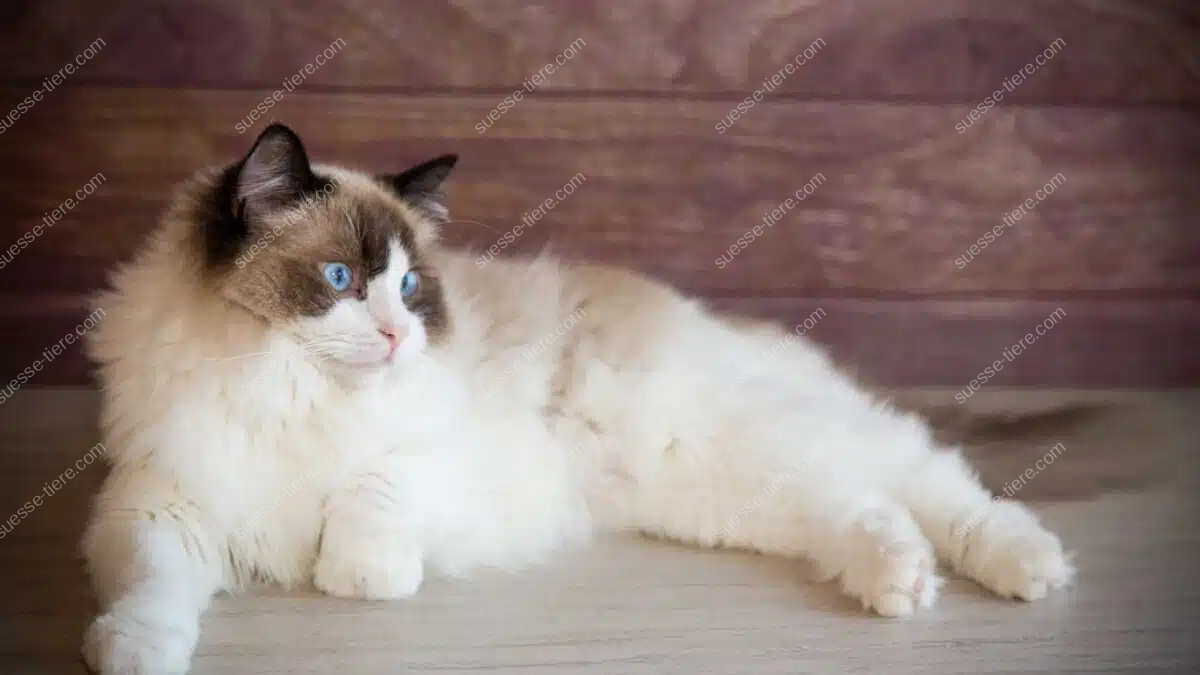 Eine Ragdoll-Katze mit blauen Augen liegt entspannt auf einem Holzboden.