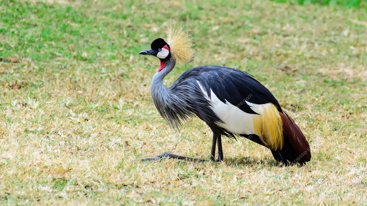 Ein Südafrika-Kronenkranich steht im trockenen Gras einer offenen Landschaft.