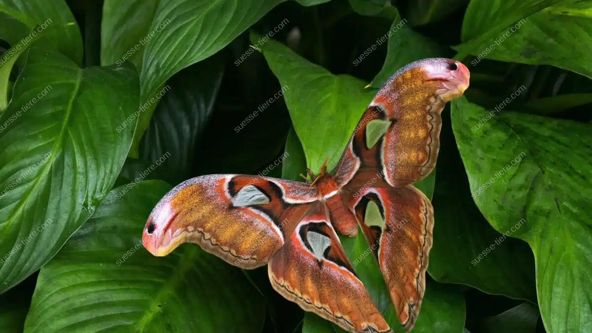 Ein Atlasspinner mit ausgebreiteten Flügeln sitzt auf einem Blatt und zeigt seine Muster.