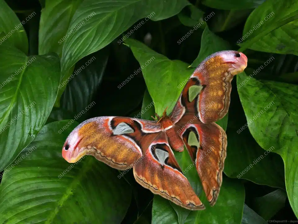 Ein Atlasspinner mit ausgebreiteten Flügeln sitzt auf einem Blatt und zeigt seine Muster.