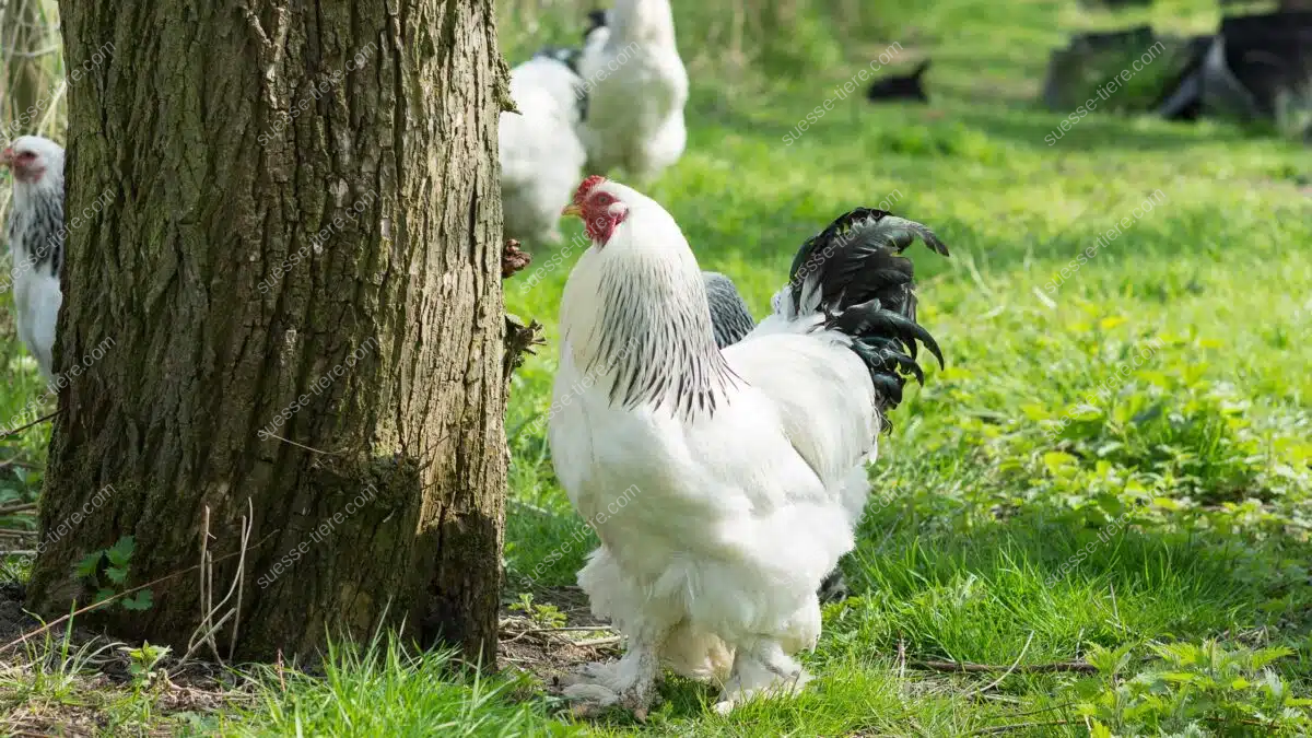 Ein Brahma-Huhn steht auf einer grünen Wiese, sein dichtes Federkleid wirkt besonders prächtig.