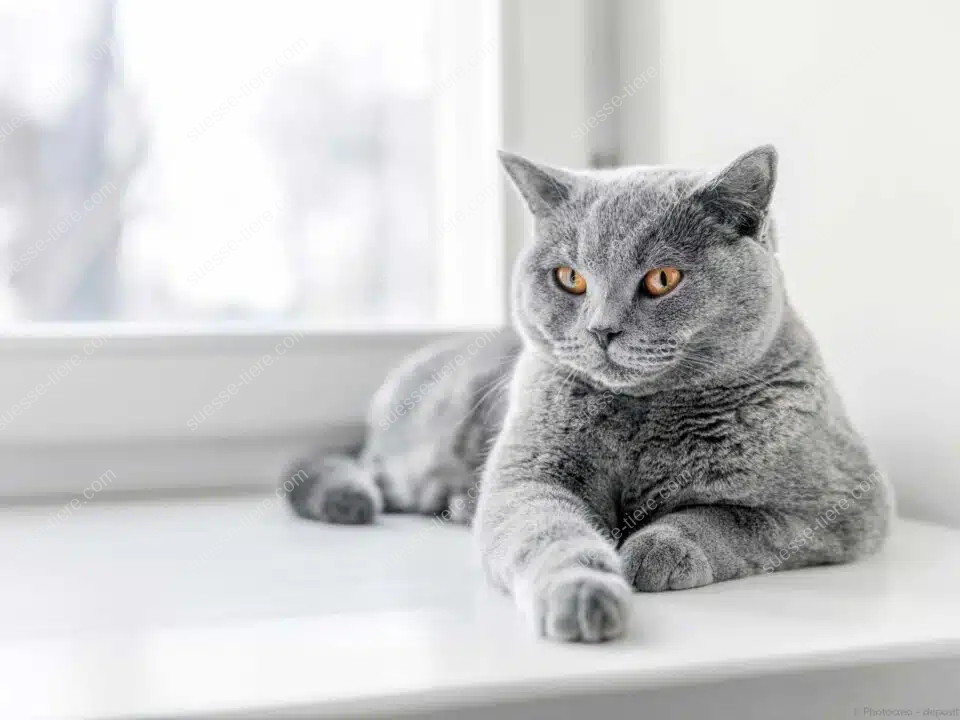Eine Britisch Kurzhaar Katze liegt entspannt auf einer Fensterbank und schaut mit großen Augen.