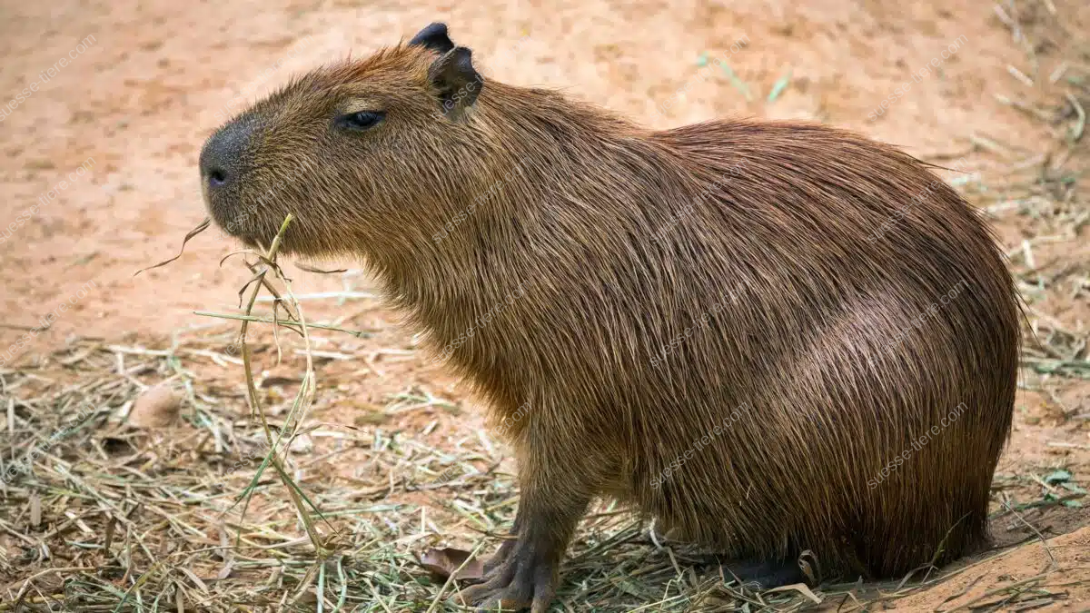 Ein Capybara (Wasserschwein) sitzt auf trockenem Boden und kaut an einem Halm Heu.