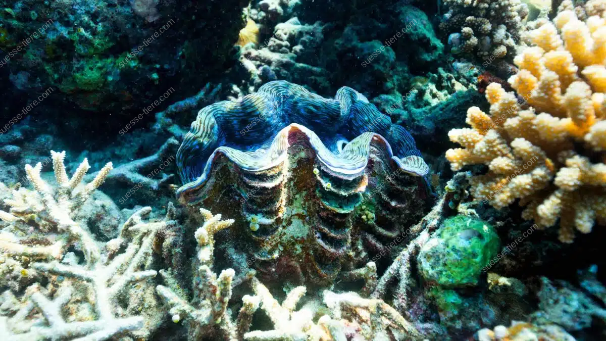 Eine Große Riesenmuschel sitzt im Korallenriff und zeigt ihren bunten Mantel.