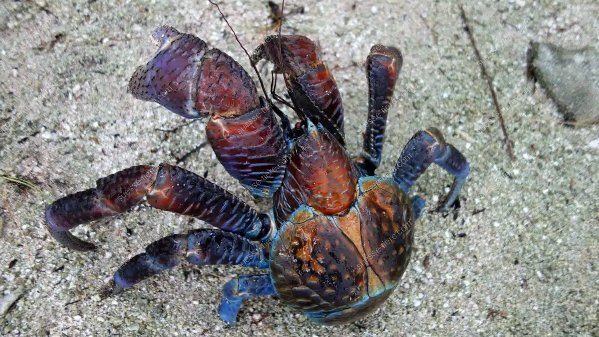Ein Palmendieb sitzt auf sandigem Boden und streckt seine bunten Scheren weit aus.