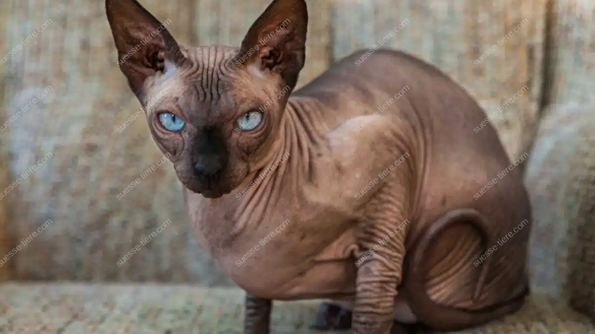 Eine Sphynx-Katze sitzt aufmerksam und zeigt ihre charakteristische, fast haarlose Haut.