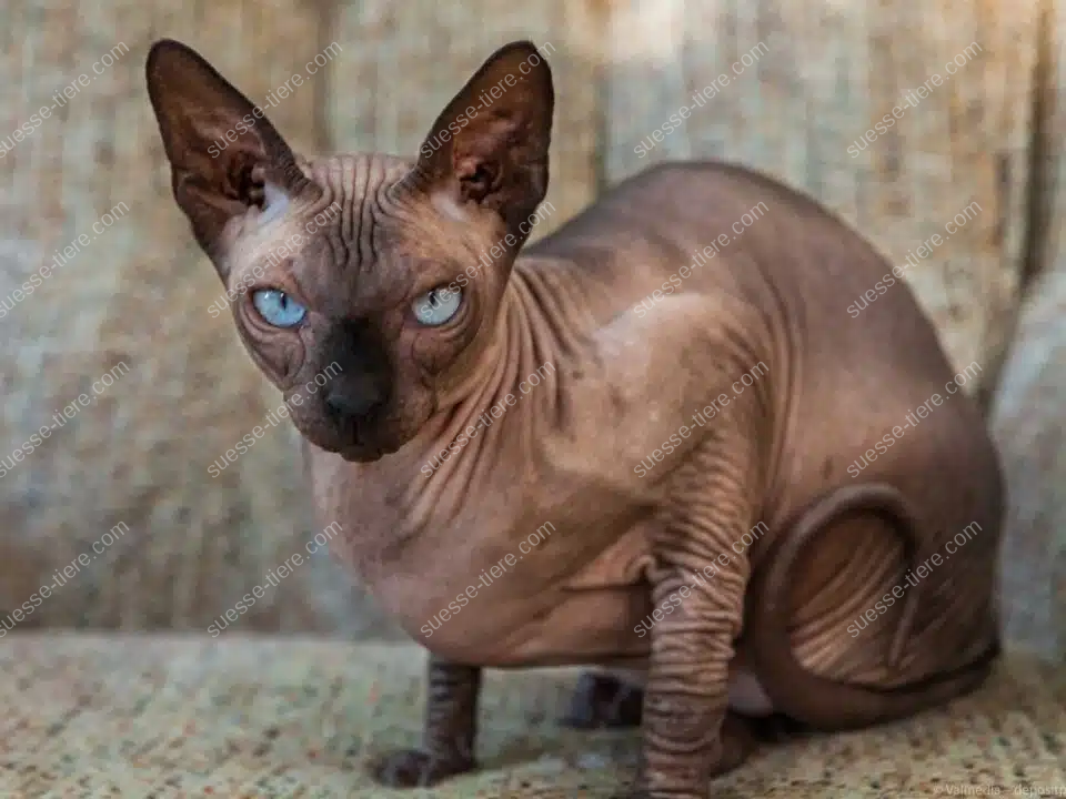 Eine Sphynx-Katze sitzt aufmerksam und zeigt ihre charakteristische, fast haarlose Haut.