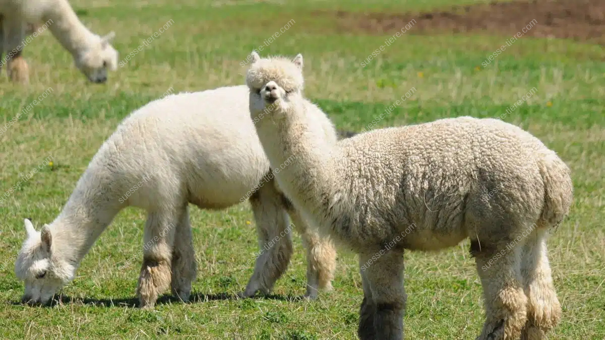 Zwei Alpakas stehen auf einer grünen Wiese im Hochland der Anden, ihre flauschigen Felle leuchten im Sonnenlicht.