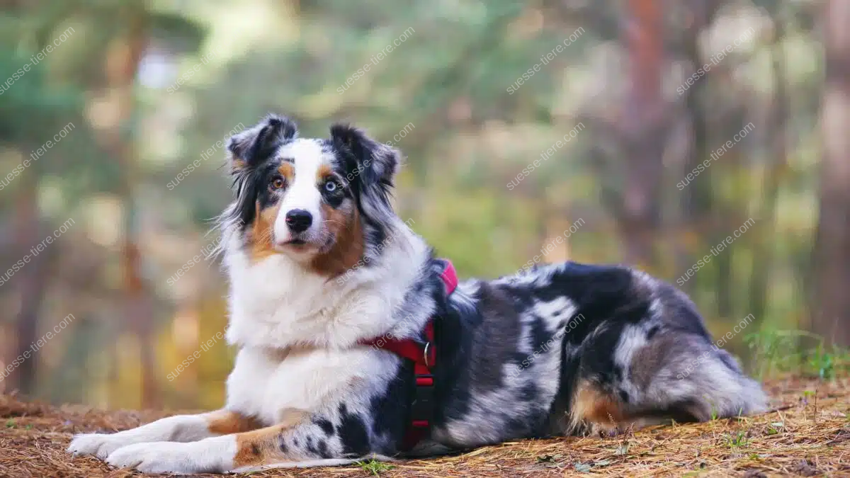 Ein Australian Shepherd liegt auf einem Waldboden und blickt aufmerksam in die Ferne.