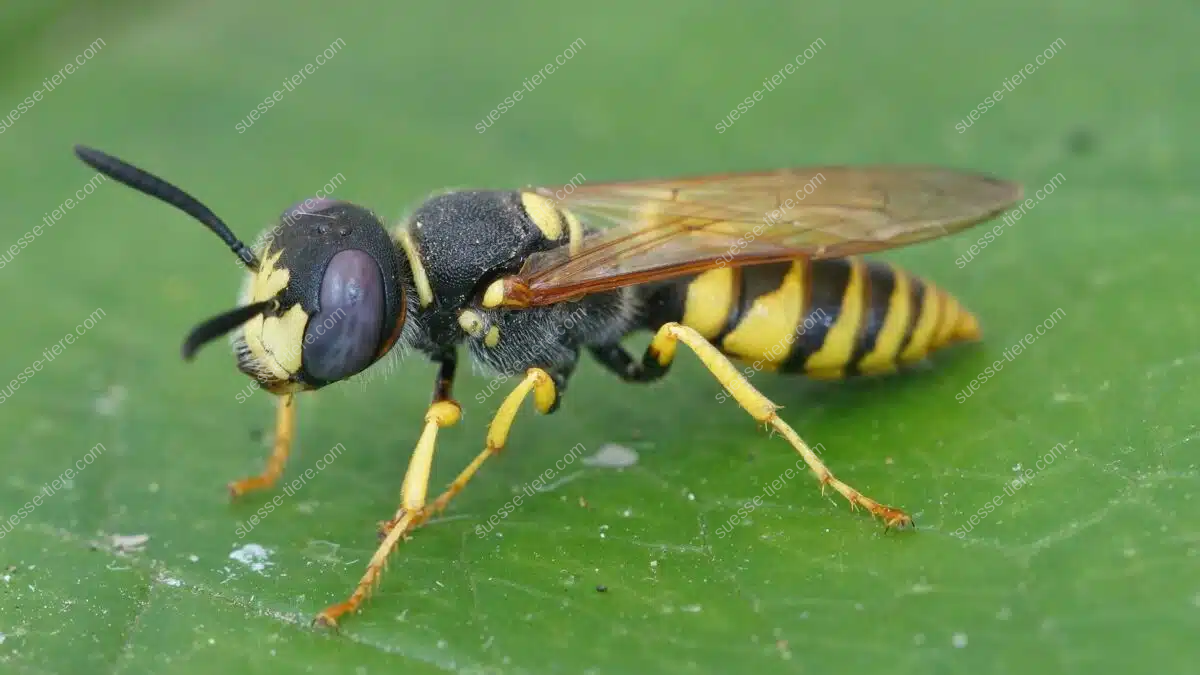 Ein Bienenwolf mit gelb-schwarzem Körper sitzt auf einem grünen Blatt und zeigt seine typischen Flügel und Färbung.