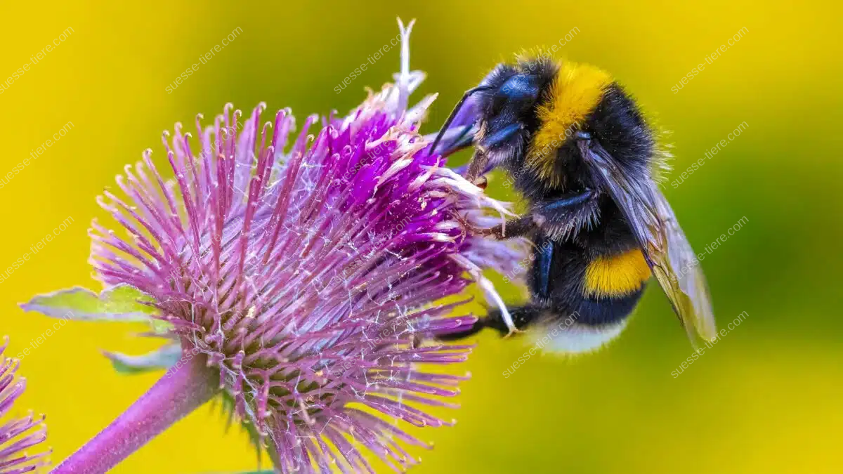 Eine Dunkle Erdhummel sammelt Nektar auf einer violetten Blüte im warmen Sonnenlicht.