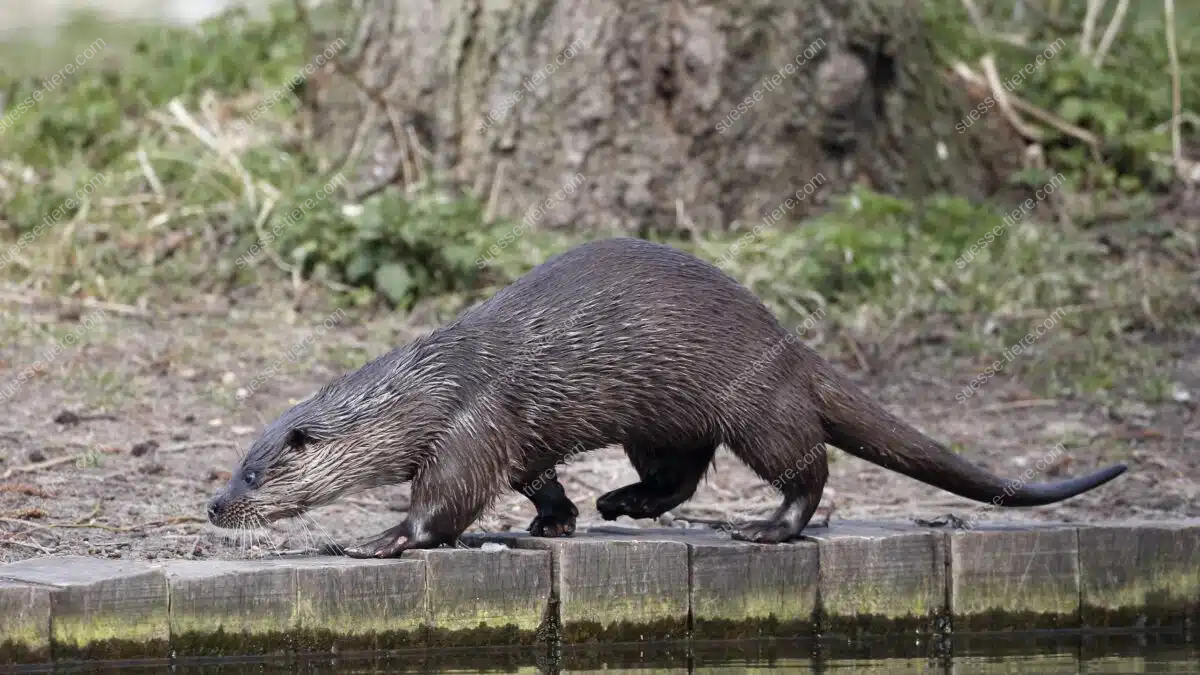 Eurasischer Fischotter steht am Ufer eines Flusses, bereit zum Sprung ins Wasser.