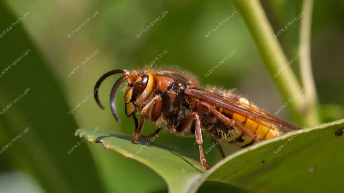 Eine Europäische Hornisse ruht auf einem grünen Blatt, ihr gelb-brauner Körper leuchtet im Sonnenlicht.
