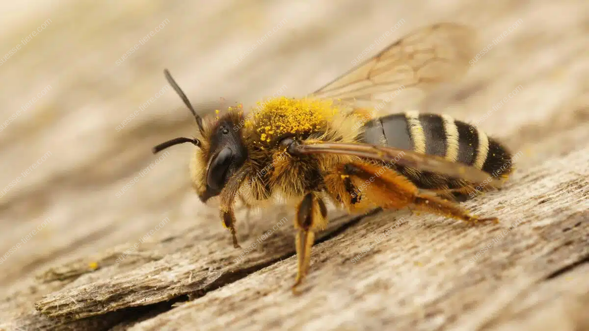 Eine Gemeine Sandbiene ruht auf einem Stück Holz, ihr Körper ist mit gelbem Blütenpollen bedeckt.