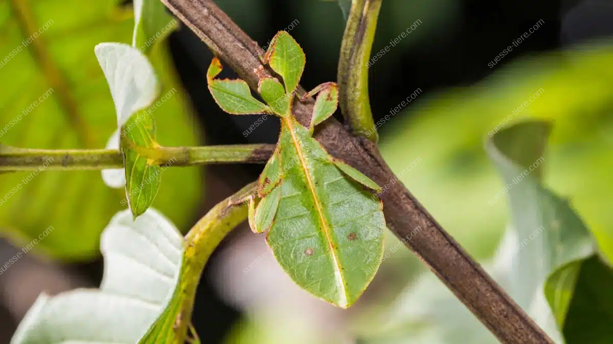 Großes Wandelndes Blatt sitzt perfekt getarnt auf einem Zweig im Regenwald.