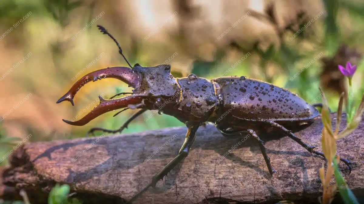 Ein Hirschkäfer mit großen Zangen sitzt auf einem moosbewachsenen Ast im Wald.