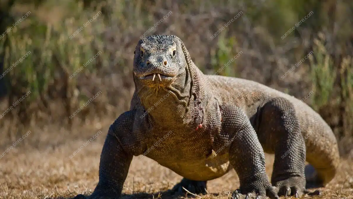 Ein großer Komodowaran mit gespaltenem Zungenwurf bewegt sich durch trockenes Gras in seiner natürlichen Umgebung.