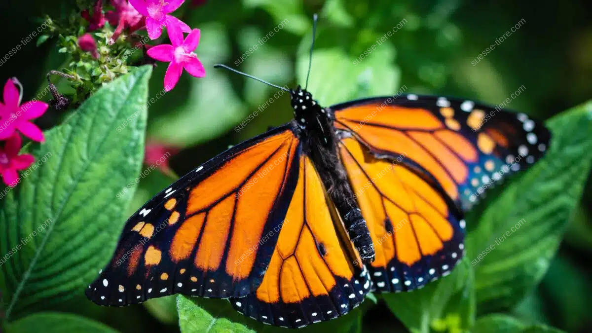 Ein Monarchfalter sitzt auf einer Blüte und zeigt seine leuchtend orangefarbenen Flügel.