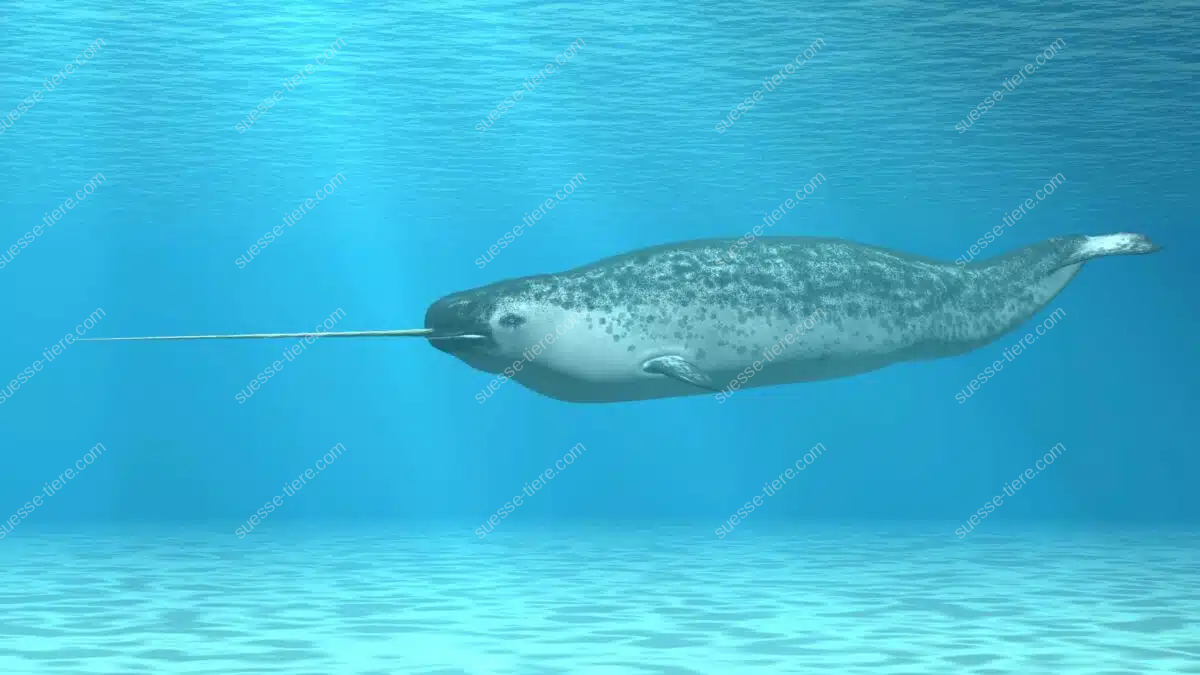 Ein Narwal gleitet unter dem Eis, sein langer Stoßzahn spiegelt das Sonnenlicht der Arktis wider.