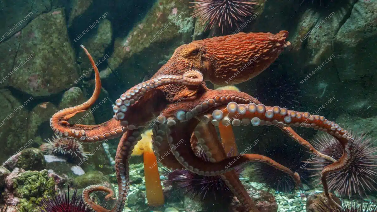 Ein Pazifischer Riesenkrake breitet seine Arme im blauen Meer aus und möchte seine beeindruckende Spannweite zeigen.