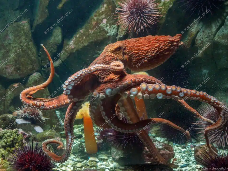 Ein Pazifischer Riesenkrake breitet seine Arme im blauen Meer aus und möchte seine beeindruckende Spannweite zeigen.