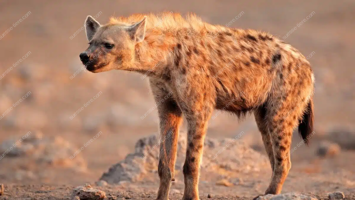 Eine Tüpfelhyäne steht in der afrikanischen Savanne im goldenen Abendlicht und blickt aufmerksam in die Ferne.