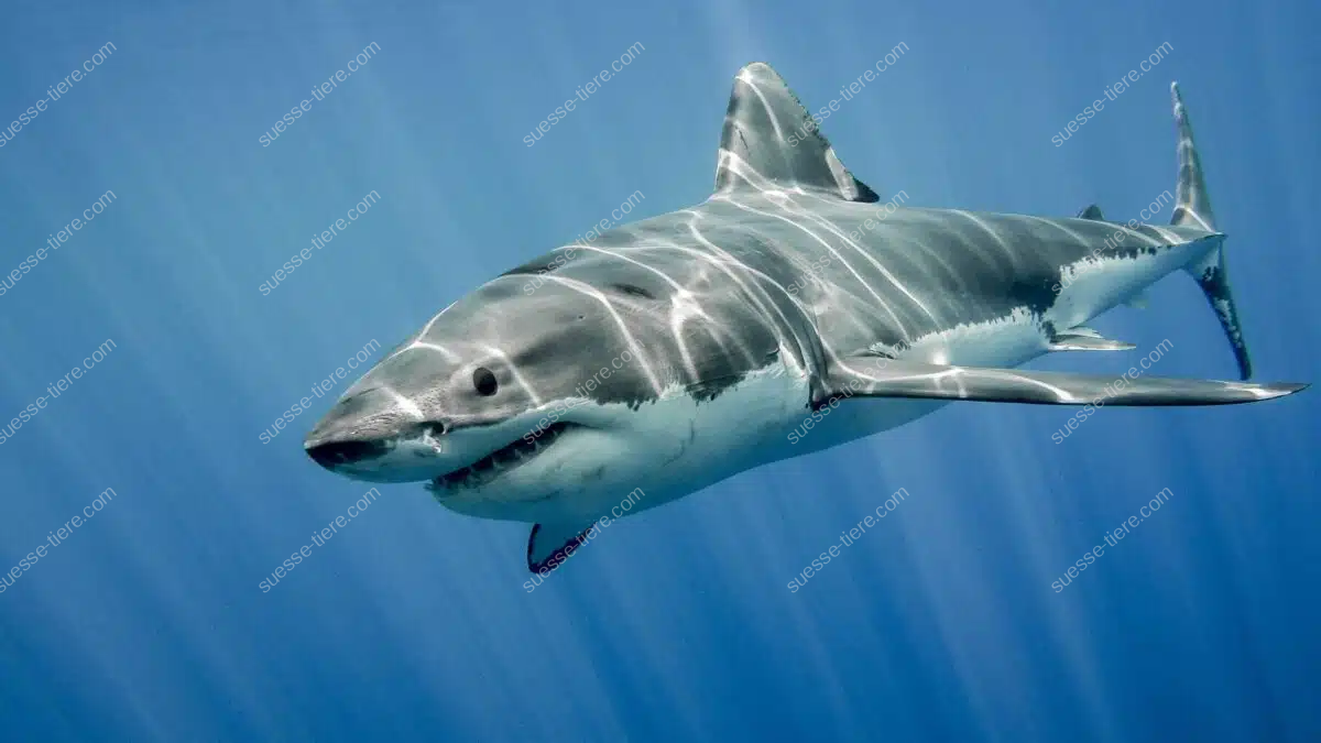 Ein Weißer Hai schwimmt majestätisch durch das blaue Meer.